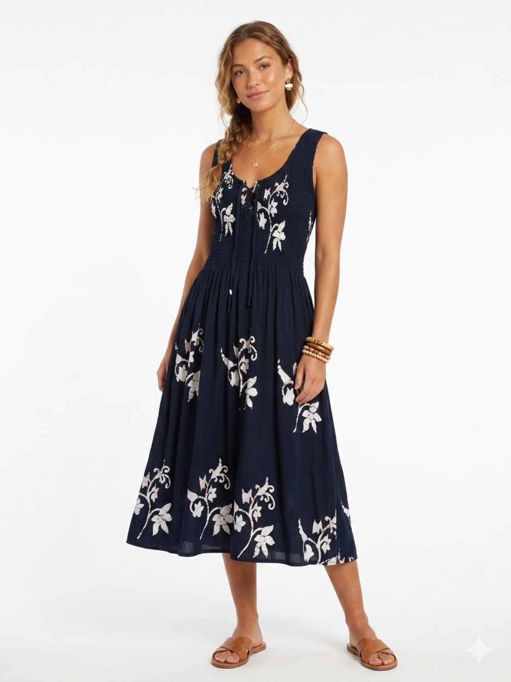 Bali Batiks Hand-Painted Batik Smocked Midi Cotton Dress - S